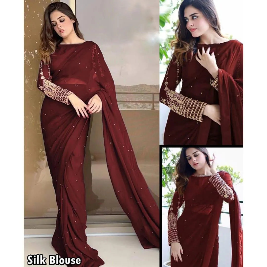 Maroon Silk Sequin Blouse Saree Set for Weddings