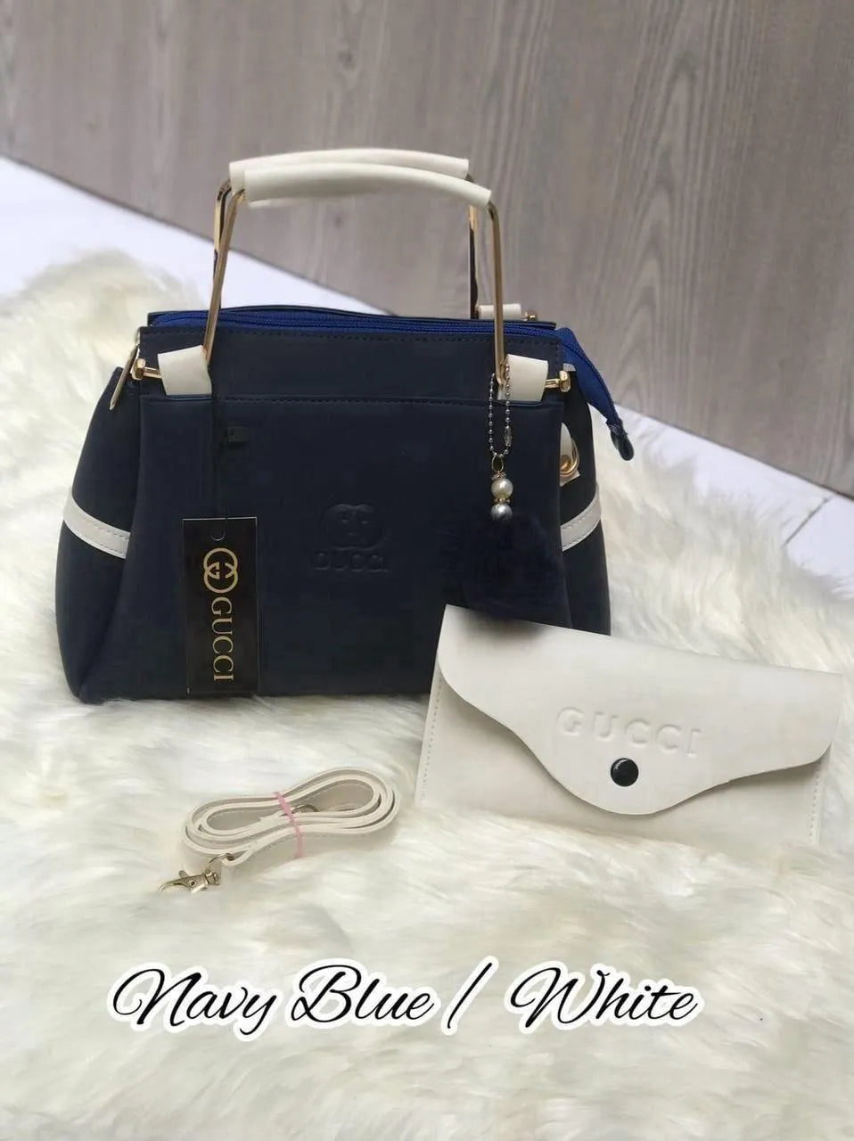 Navy Blue White Gucci Handbag Set with Wallet
