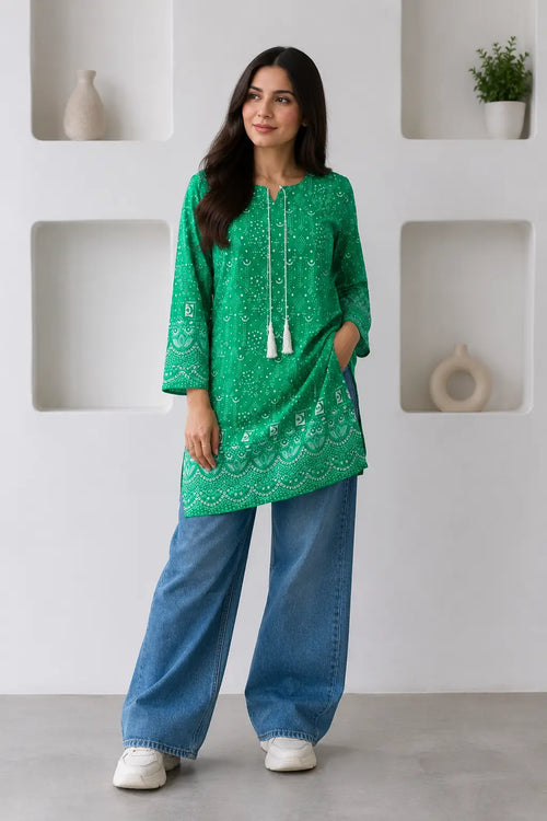 1 Pc Women's Stitched Arabic Lawn Block Printed Shirt Azadi Special