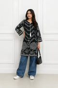 1Pc Women's Stitched Linen Block Printed Shirt Black Special