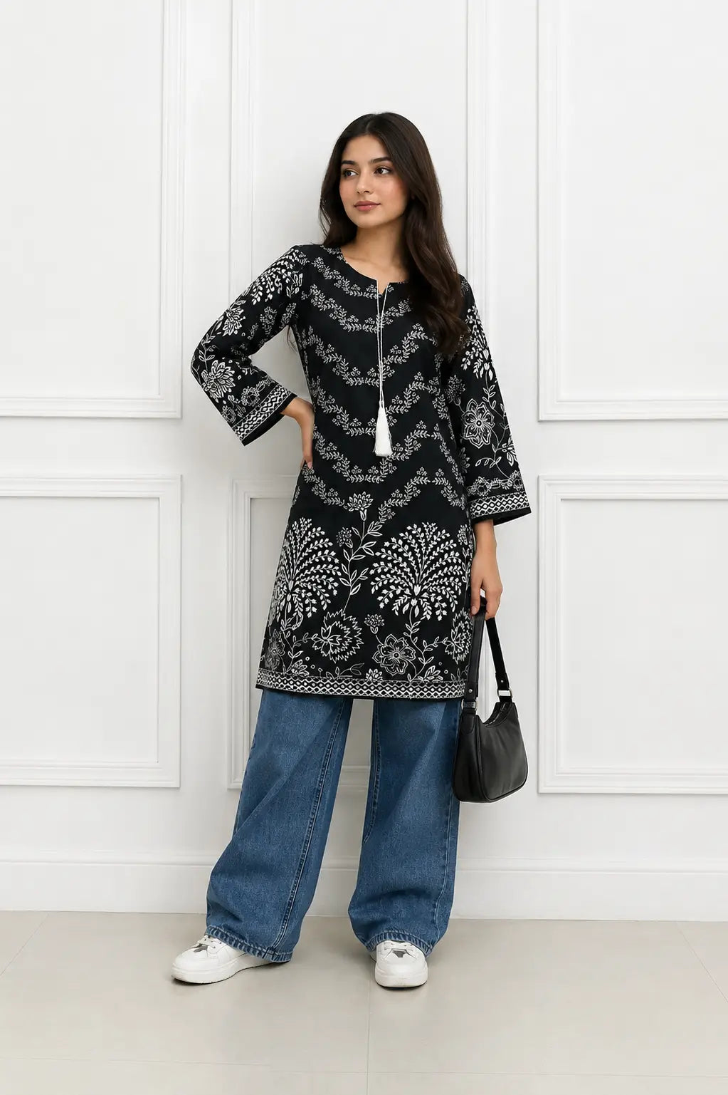 1Pc Women's Stitched Linen Block Printed Shirt Black Special