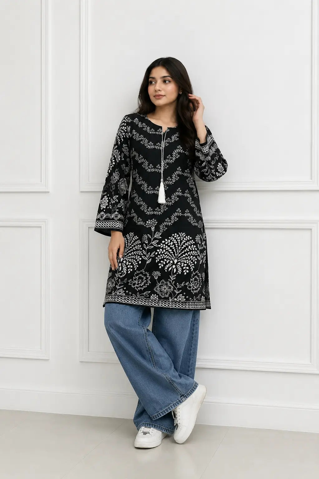 1Pc Women's Stitched Linen Block Printed Shirt Black Special