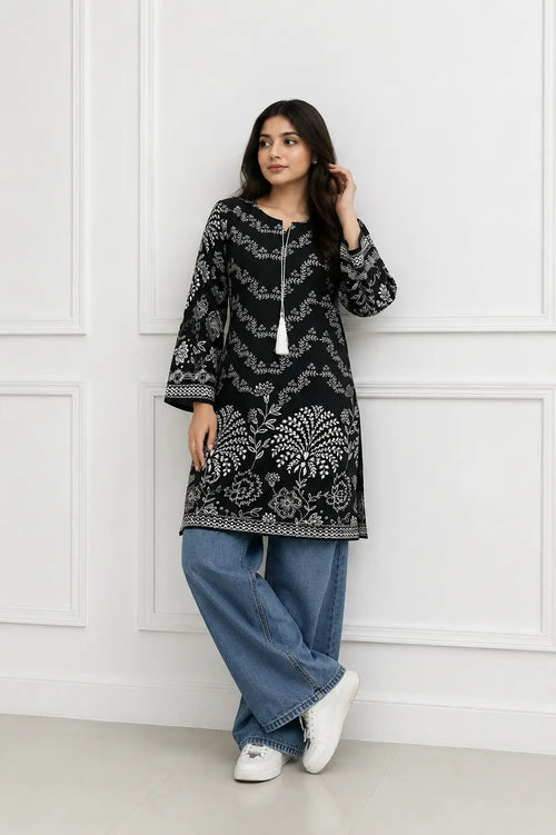 1Pc Women's Stitched Linen Block Printed Shirt Black Special
