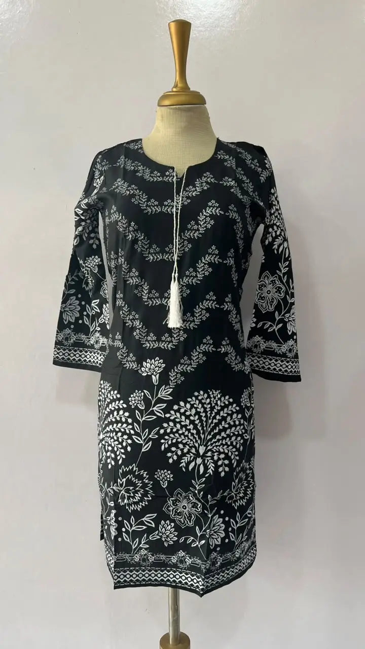 1Pc Women's Stitched Linen Block Printed Shirt Black Special
